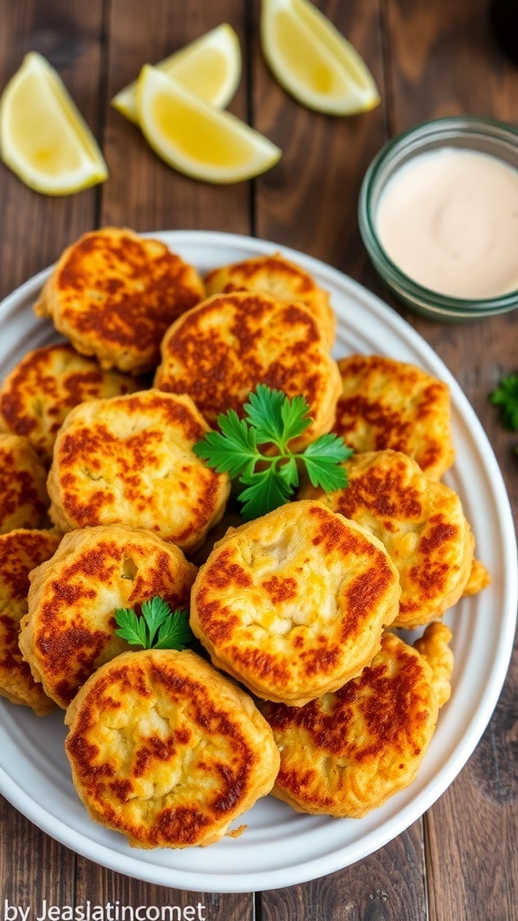 Crispy canned chicken patties on a plate with parsley and dipping sauce.